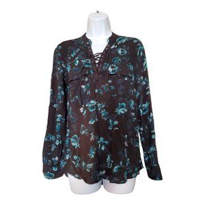 Rock & Republic Black Teal Floral Button Down Roll Tab Sleeves Womans M Blouse